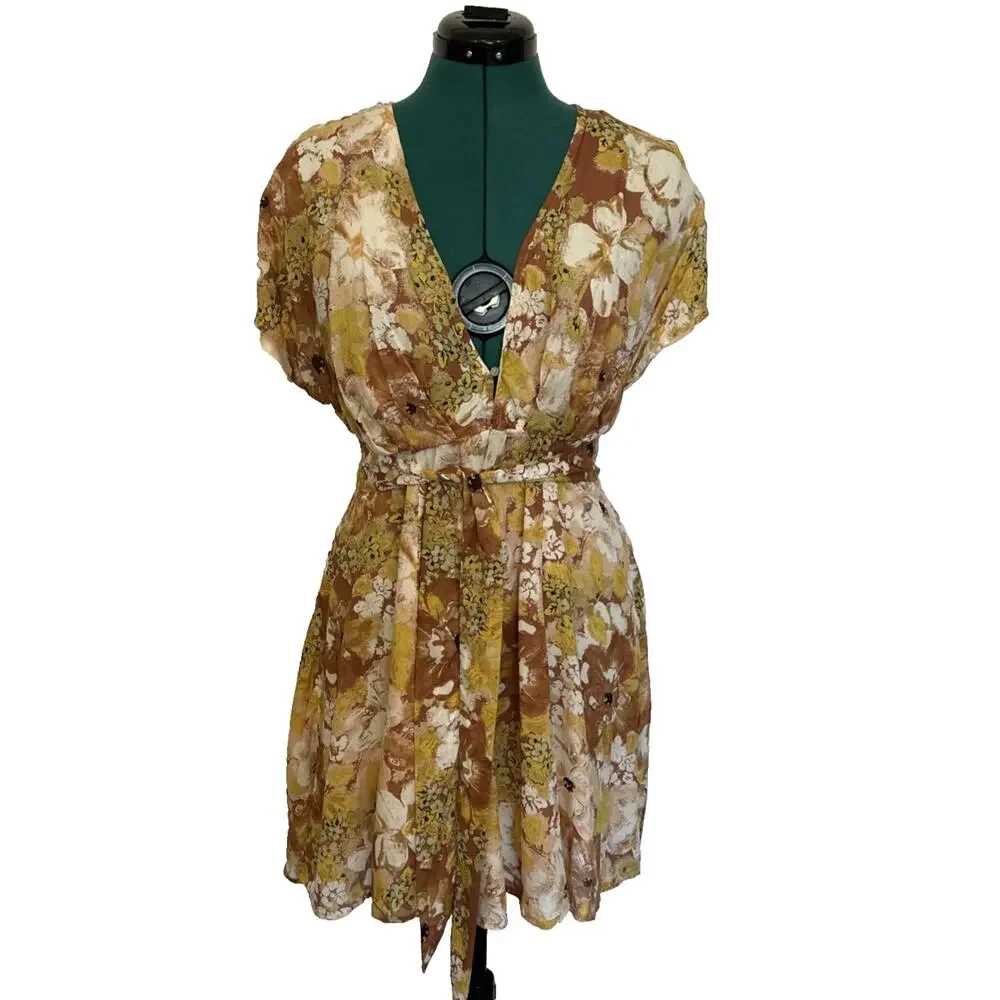 Free People Freddy Cocoa Floral Printed Short Sleeve‎ Mini Dress Size Small